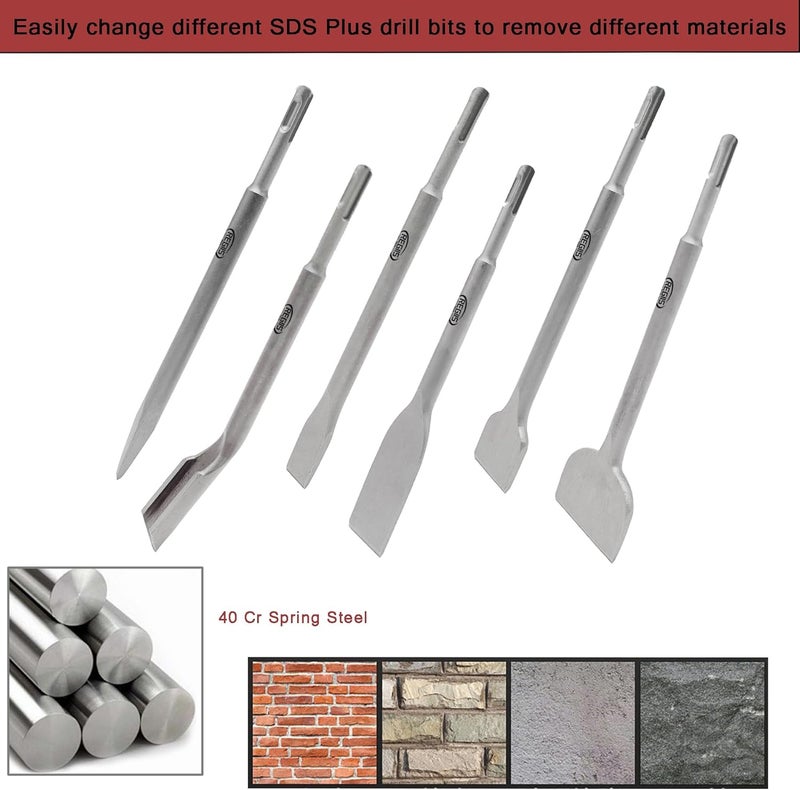 Regiis Tech 6 pcs SDS Plus Chisel Set, Masonry Concrete Drill Bit Set, Tile Removal Chisel Bits for Rotary Hammer with Point Flat Wide Inclined Grooving Scraping Scaling Removing Tile Thinset - Image 5